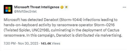 Article de Microsoft Threat Intelligence sur Cactus