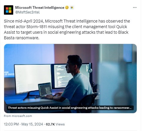 Tweet de Microsoft Security Intelligence sur Storm-1811 et Quick Assist 