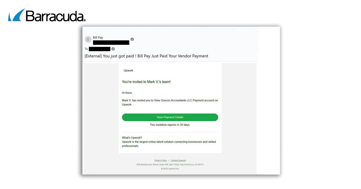 Exemple d'attaque par e-mail se faisant passer pour UpWork