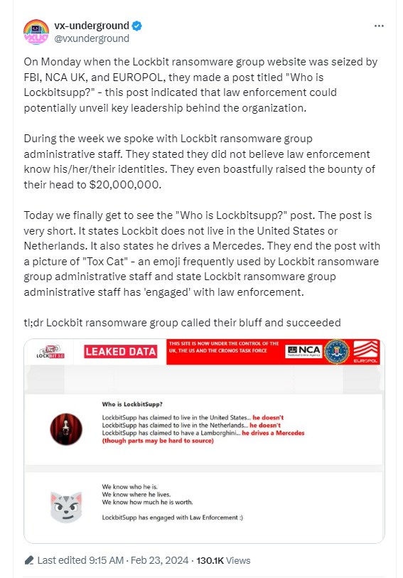 vx-underground publie la réponse de LockBit aux annonces du FBI concernant l'identité des hackers vx-underground publie la réponse de LockBit aux annonces du FBI concernant l'identité des hackers