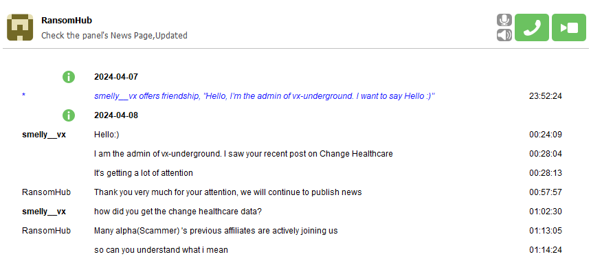 Dialogue entre vx underground et RansomHub sur le forum