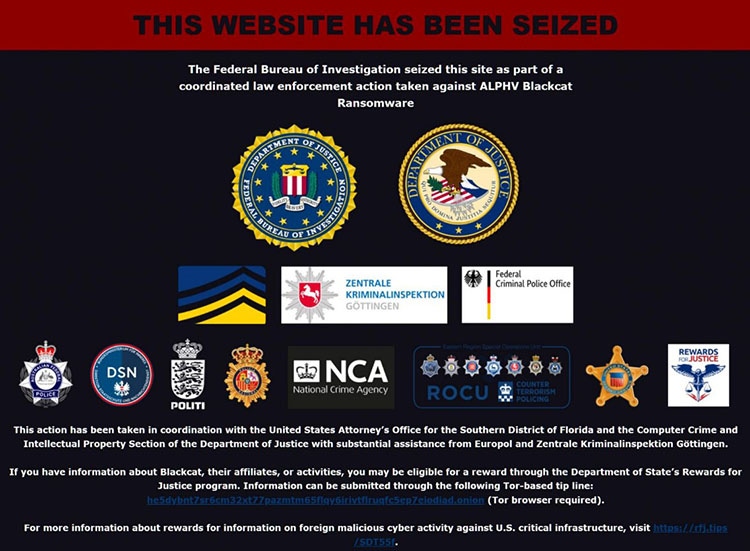 Page sur la saisie des serveurs ALPHV par le FBI Page sur la saisie des serveurs ALPHV par le FBI