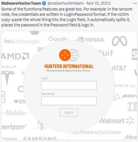 Page de connexion de Hunters International
