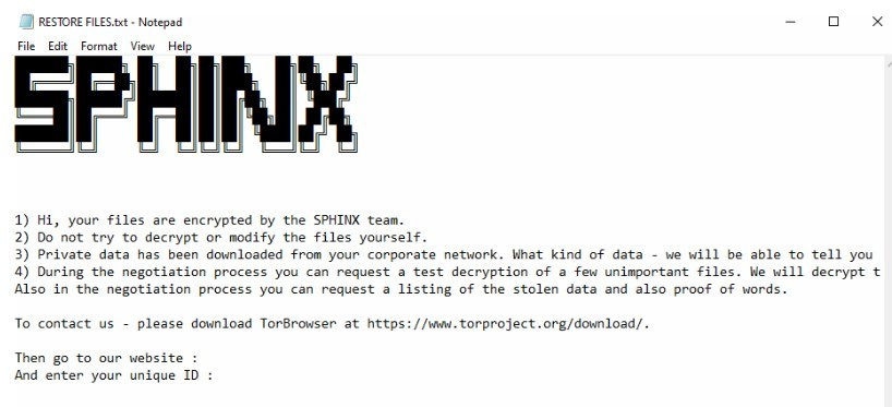 Note de rançon Sphinx, via Trend Micro