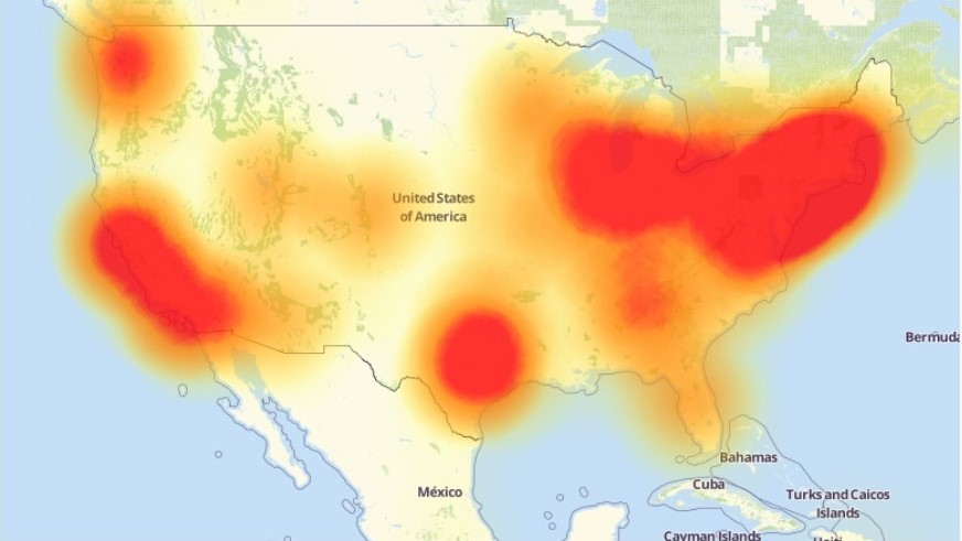Carte Down Detector montrant les pannes provoquées par l’attaque de botnet contre Dyn DNS