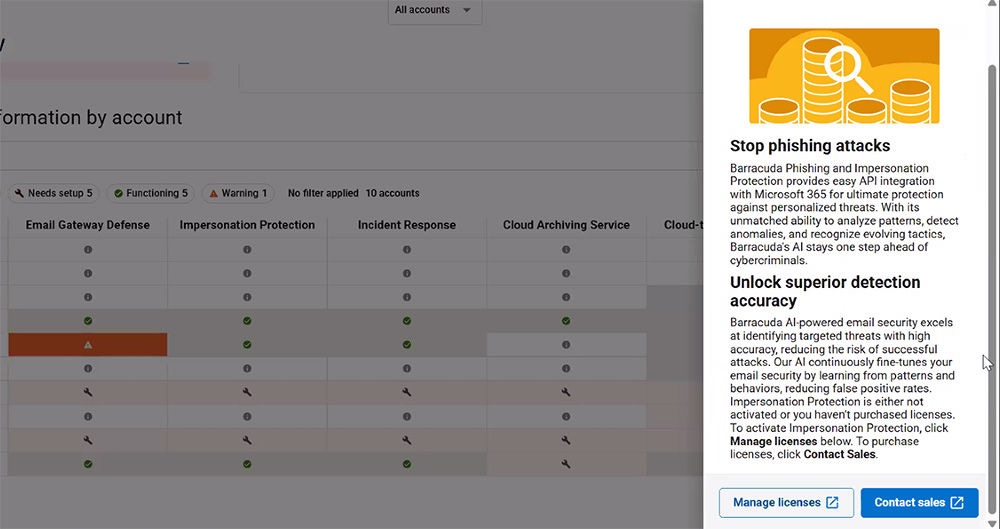 Vue du tableau de bord montrant l'alerte de licence manquante d'Email Gateway Defense (à gauche) et les options de licence disponibles pour les MSP (à droite). Les clients qui ne sont pas des MSP ont la possibilité d'essayer cette fonctionnalité gratuitement.