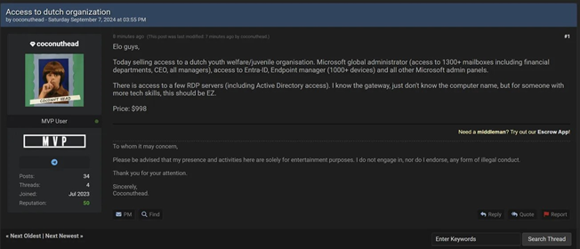 Accès à Microsoft Entra ID mis en vente sur un forum criminel, le 7 septembre 2024, via Dark Web Informer