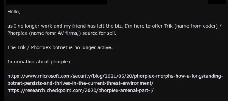 Capture d'écran partielle d'un message de forum annonçant la vente de Phorpiex