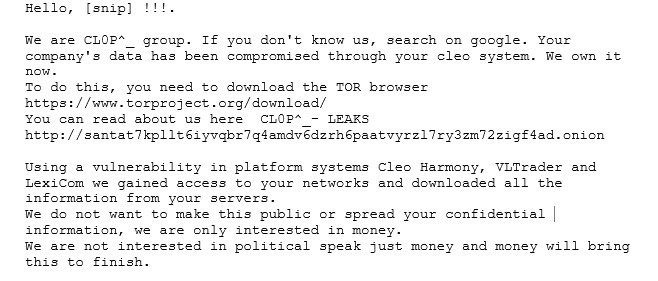 Extrait de la note de rançon de Cl0p faisant référence à Cleo Software