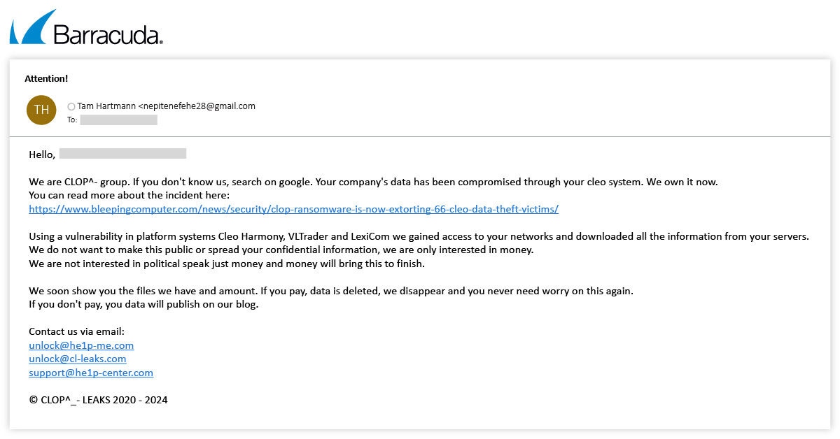 Exemple d'une attaque où les scammers se font passer pour le gang de ransomware Clop