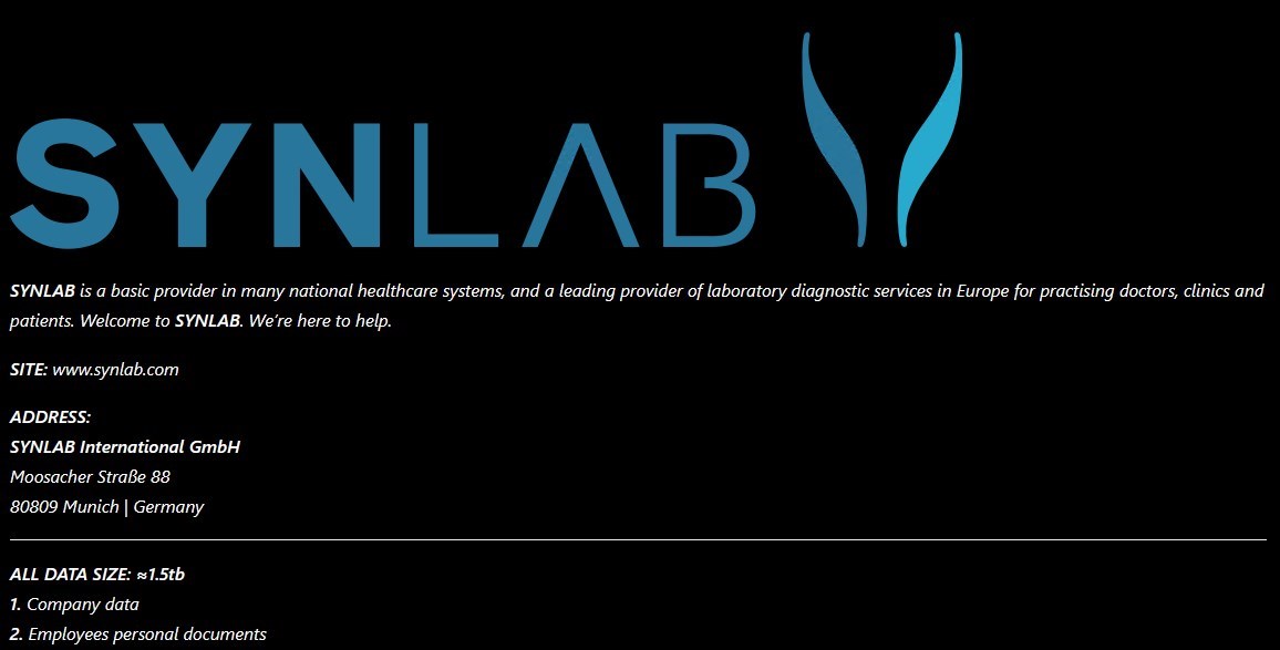 Black Basta mentionne Synlab sur un site de fuites - Renseignements de Darkfeed sur les menaces