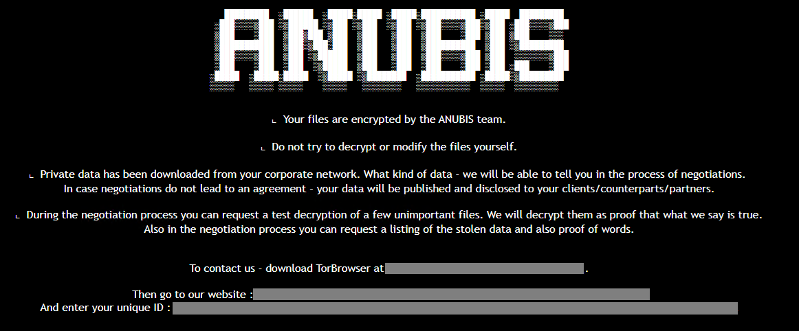 Note de rançon Anubis, via Trend Micro
