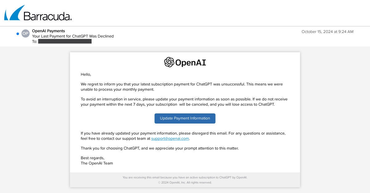 Exemple d’attaque de phishing se faisant passer pour OpenAI