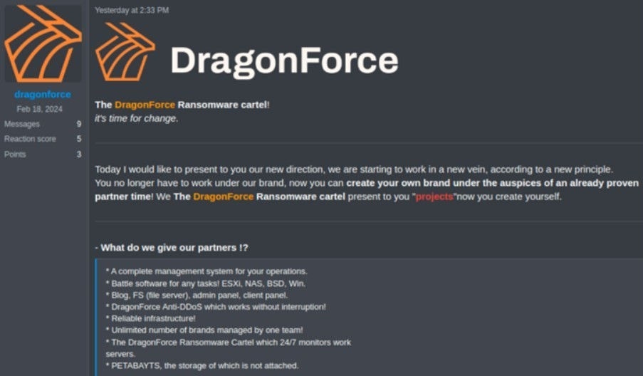 DragonForce se repositionne en tant que DragonForce Ransomware Cartel et invite d'autres personnes à s'associer à lui sur divers projets. Via Secureworks