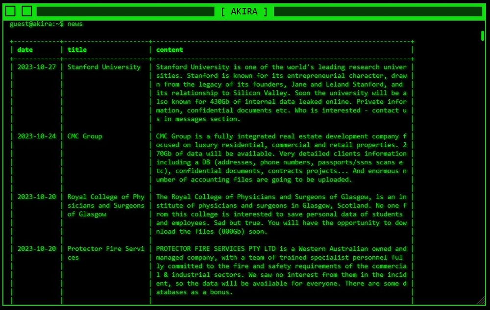 Site de fuite Akira avec Stanford University en tête de liste, via Bitdefender. 