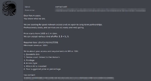 Publication de Medusa sur un forum de cybercriminalité demandant un « bon accès réseau » pour des cibles aux/au/en « USA/CA/AU/UK/IT/DE »