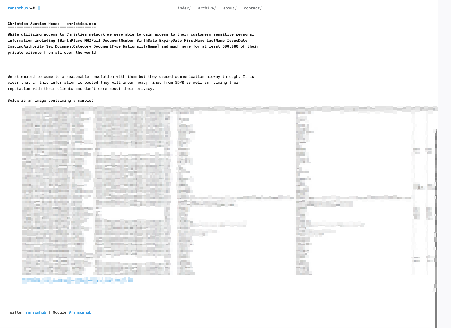 Données de Christie’s Auction House en vente, par Brett Callow 