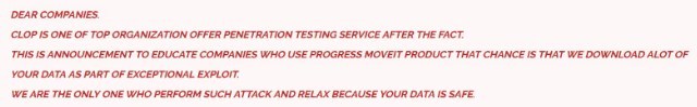 Publication sur le site de fuite de Cl0p faisant référence au logiciel Progress MOVEit