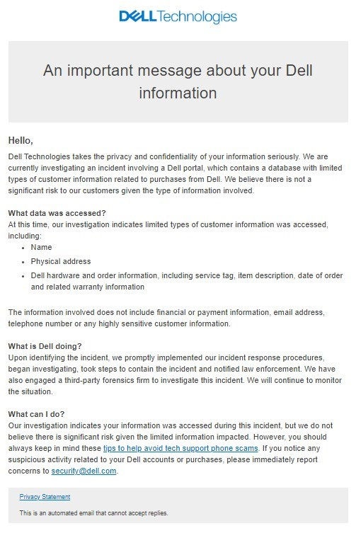 Email de notification de Dell relatif à la violation de données