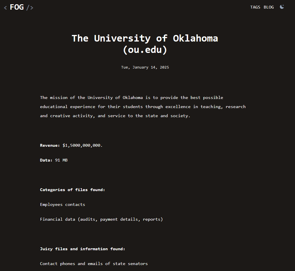 L'université de l'Oklahoma apparaît sur le site de fuite de données de Fog, via DarkWebInformer
