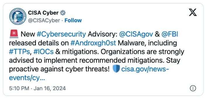 Le FBI et la CISA publient un avis conjoint sur la cybersécurité concernant Androxgh0st
