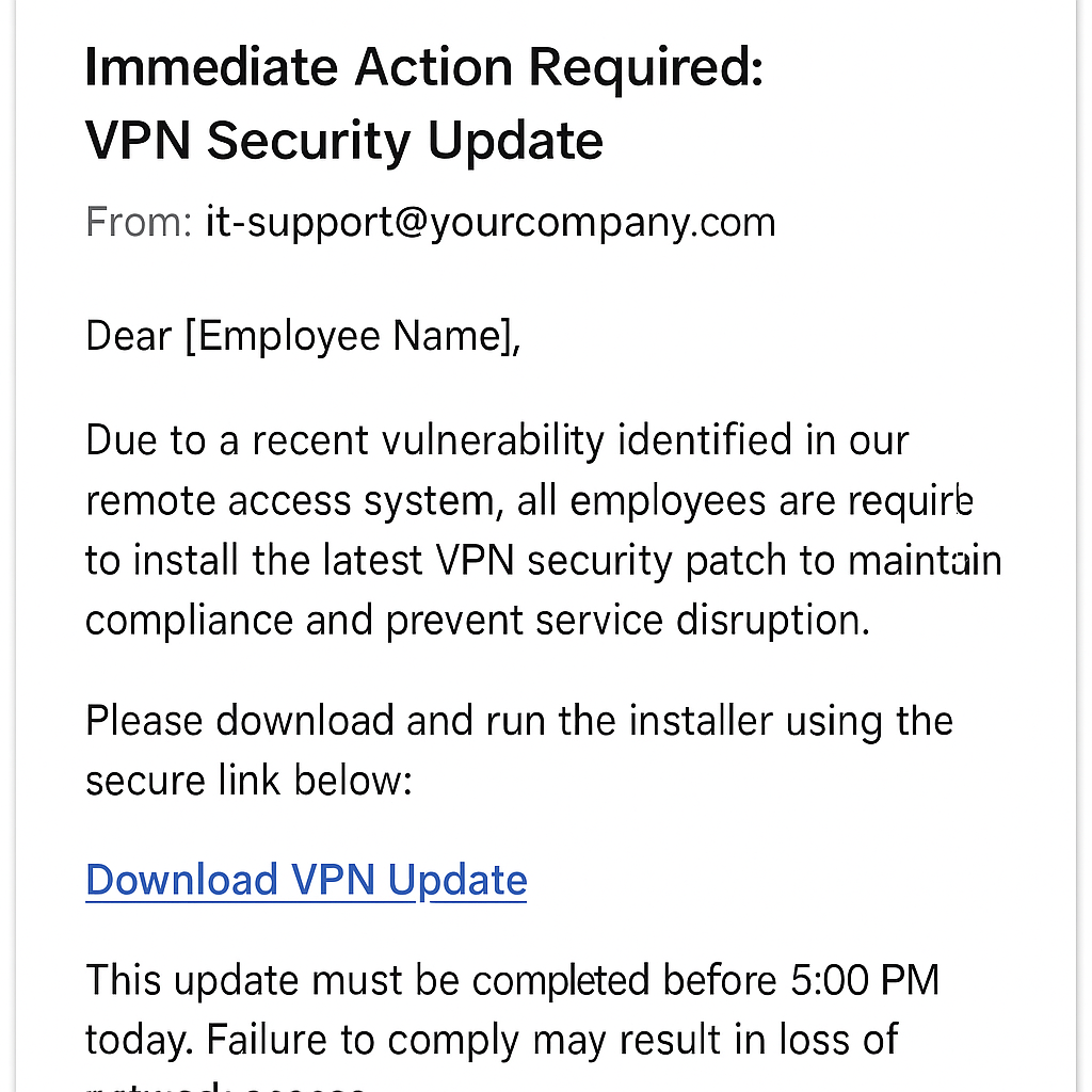 E-mail d'hameçonnage « Fog » : fausse mise à jour VPN (maquette)