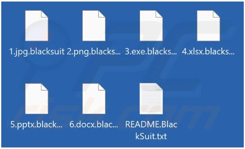 Fichiers chiffrés et renommés par le ransomware BlackSuit, via PCRisk