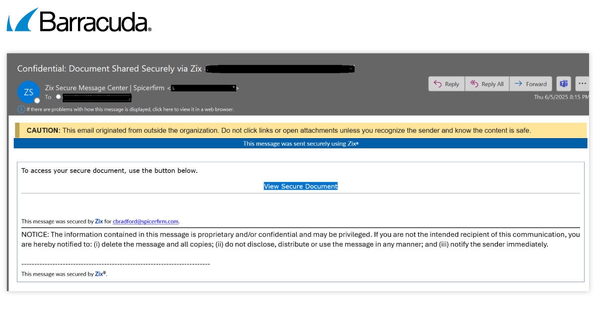 Faux email concernant un message sécurisé sur Zix