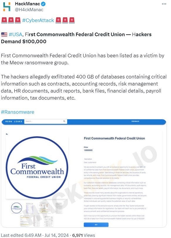 Le ransomware Meow cite la First Commonwealth Federal Credit Union sur son site de fuites de données