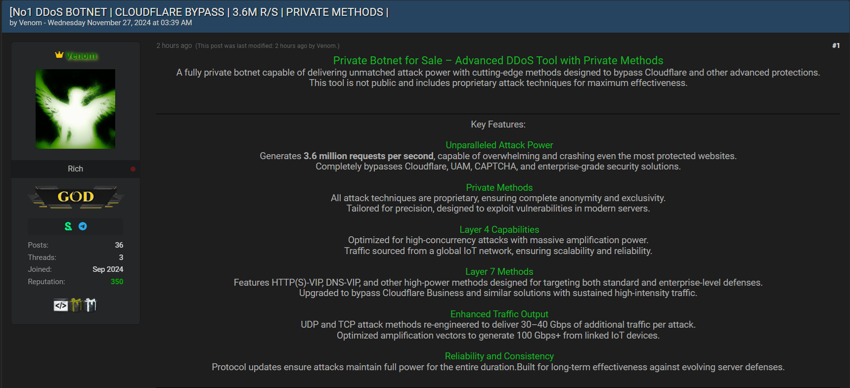 Message de BreachForums annonçant la vente d’un botnet privé doté de capacités DDoS avancées 
