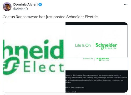 Schneider Electric répertoriée sur le site de leaks du ransomware Cactus