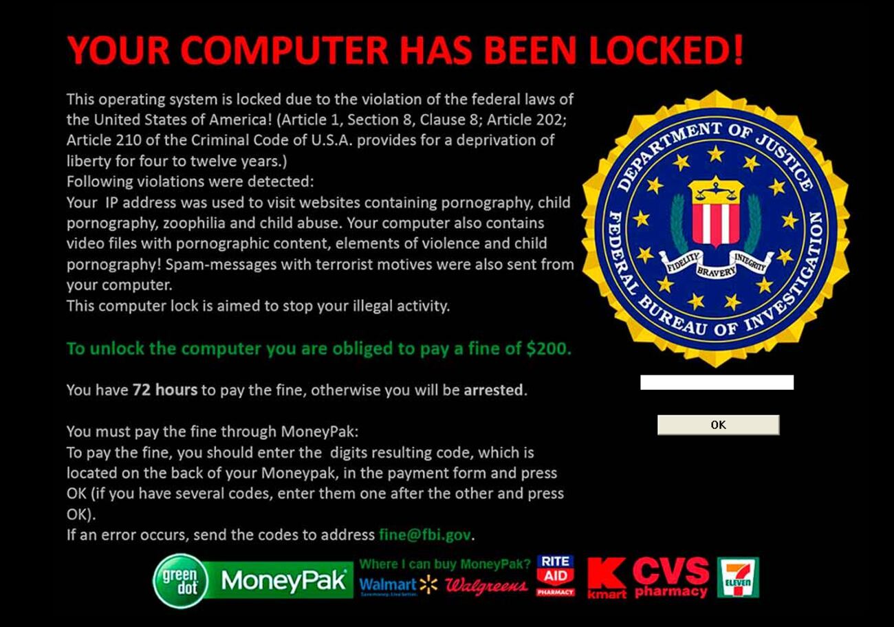 Capture de l’écran d’accueil du ransomware Reveton, 2013