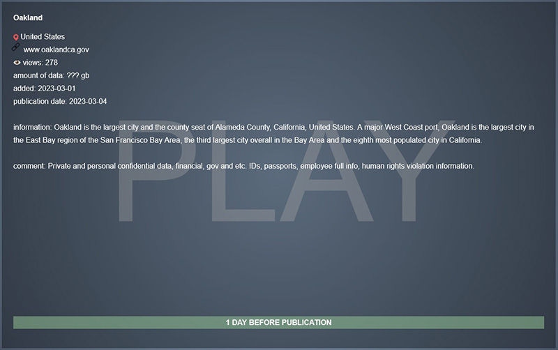 Site Web d'extorsion du ransomware Play annonçant la violation de données de la ville d'Oakland