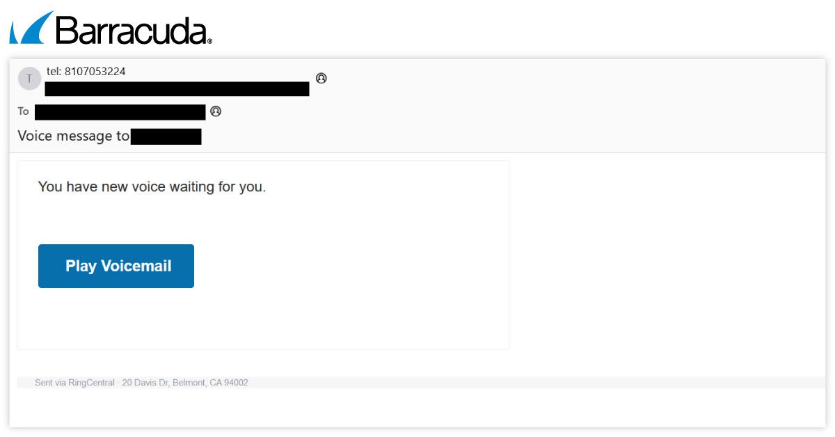 Email phishing se faisant passer pour une notification de messagerie vocale RingCentral