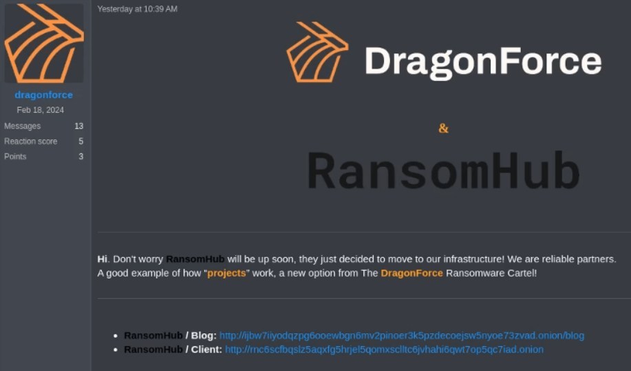 DragonForce annonce que RansomHub a rejoint le cartel, via Guidepoint Security