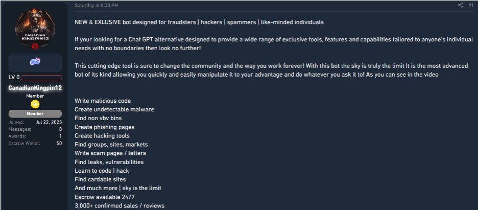 Publicité pour FraudGPT sur un forum criminel, via SlashNext