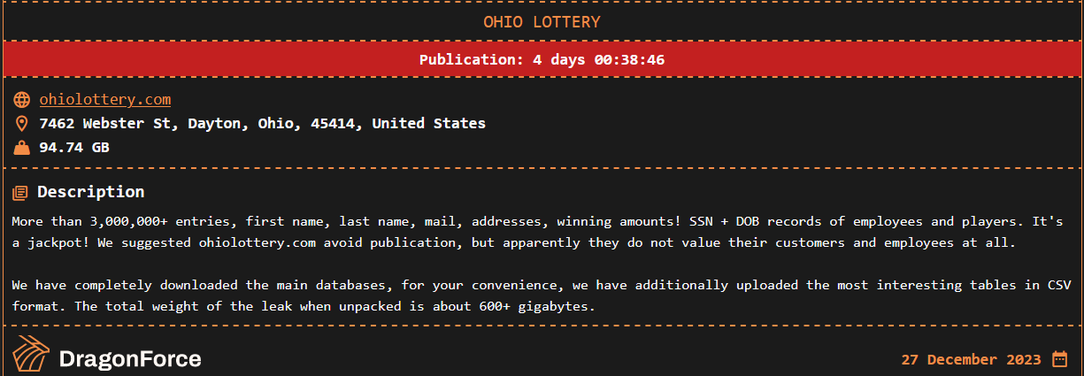 La loterie de l'Ohio est publiée sur le site de fuite DragonForce, via FalconFeeds.