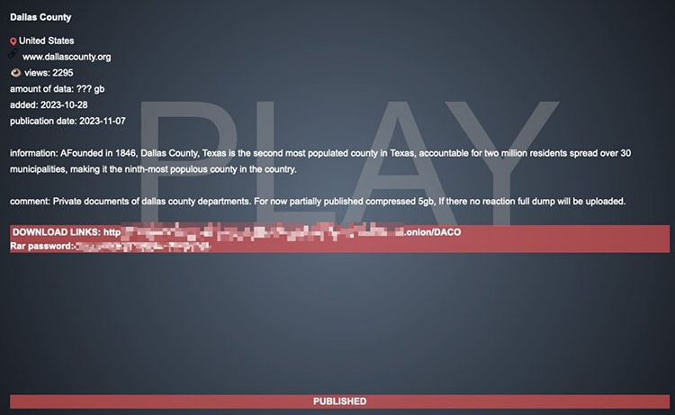 Le groupe de ransomware Play publie des liens vers des fichiers du comté de Dallas