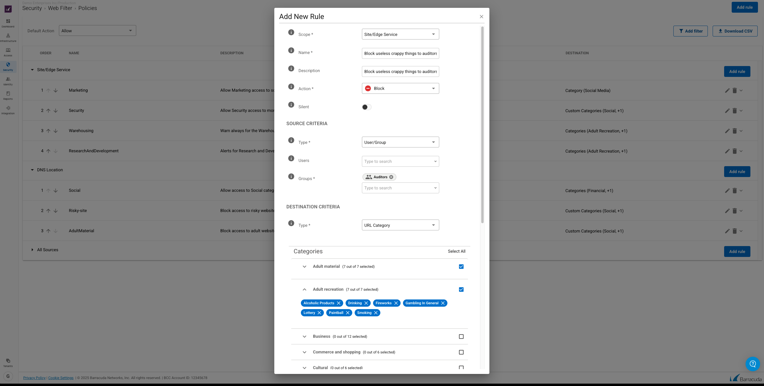 Nouvelle interface de règles du Barracuda Web Filter
