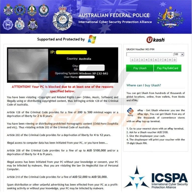 Capture d’écran d’un avis frauduleux utilisé par Reveton contre des victimes basées en Australie en 2013, via Pcrisk. 