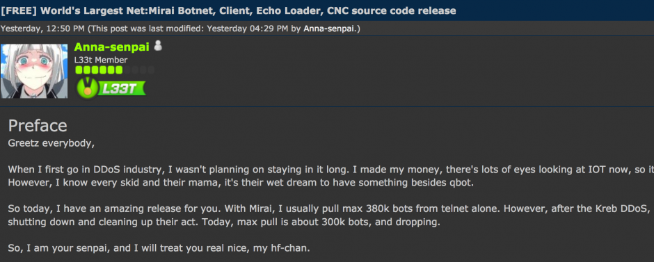 Fuite du code source de Mirai sur Hackforums, via KrebsOnSecurity