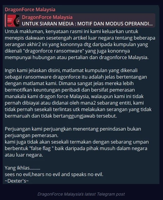 Publication officielle de DragonForce Malaysia sur le canal Telegram concernant DragonForce Ransomware, via SOCRadar