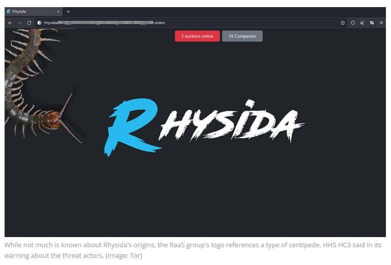Capture d'écran du site de fuite de Rhysida avec le logo de Centipede