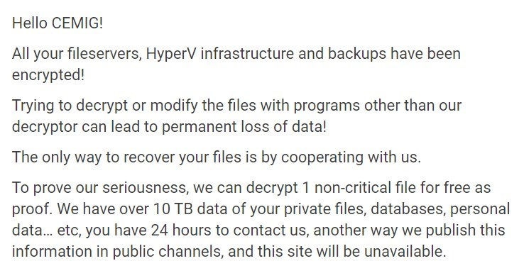 Note de rançon partielle laissée pour CEMIG, via MalwareBytes